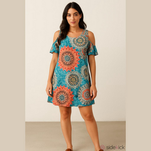 Kancystore cold shoulder short sleeves 
colorful dress woman’s XXL